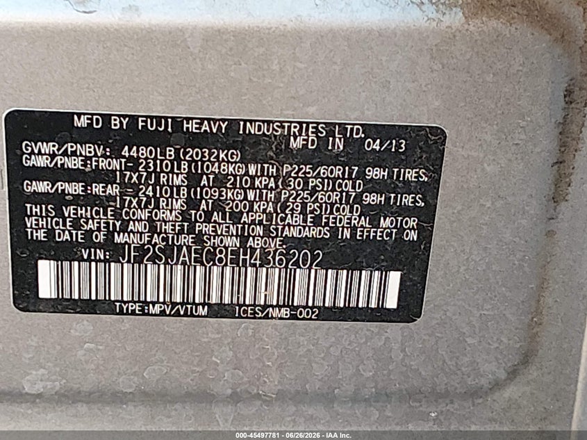2014 Subaru Forester VIN JF2SJAEC8EH436202 IAAI salvage auction — REAR END, Salvage (Arizona), sold $1,700 on 2026-07-11 (photo 9)