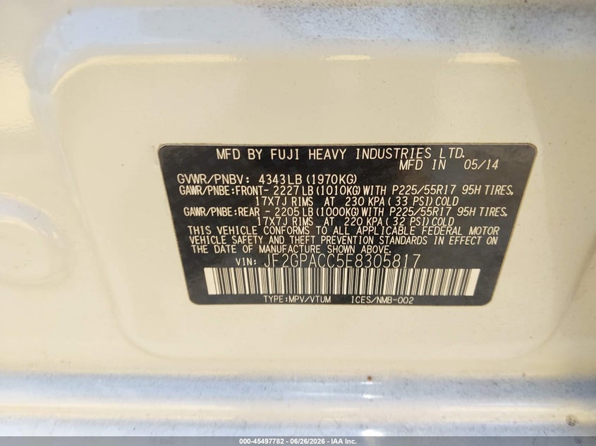 2014 Subaru Xv VIN JF2GPACC5E8305817 IAAI salvage auction — RIGHT SIDE, Salvage (California), sold $3,000 on 2026-07-19 (photo 9)