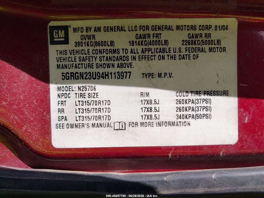 2004 Hummer H2 VIN 5GRGN23U94H113977 IAAI salvage auction — NORMAL WEAR, Clear - Dealer Only (California), sold $1,500 on 2026-07-21 (photo 9)