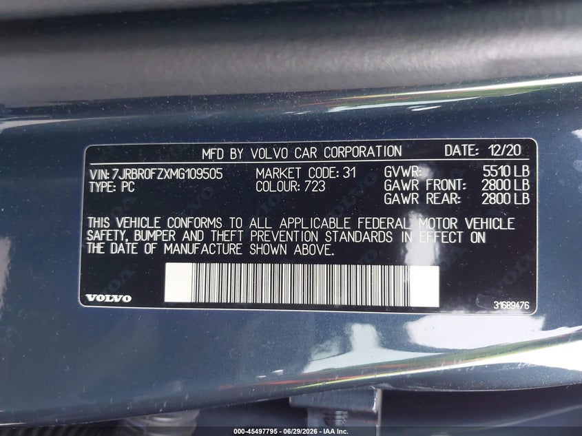 2021 Volvo S60 VIN 7JRBR0FZXMG109505 IAAI salvage auction — RIGHT SIDE, Bill Of Sale (Washington), sold $10,300 on 2026-07-15 (photo 9)