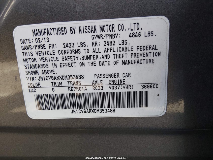 2013 Infiniti G VIN JN1CV6ARXDM353488 IAAI salvage auction — NORMAL WEAR, Clear (Nevada), sold $675 on 2026-07-24 (photo 9)