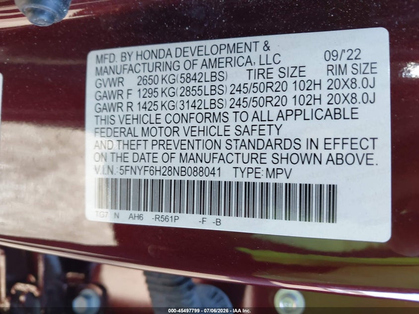 2022 Honda Pilot VIN 5FNYF6H28NB088041 IAAI salvage auction — LEFT FRONT, Salvage Certificate (California), sold $8,200 on 2026-07-24 (photo 9)