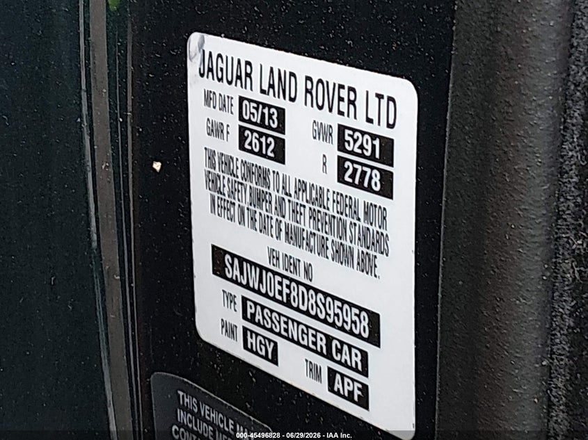 2013 Jaguar Xf VIN SAJWJ0EF8D8S95958 IAAI salvage auction — NORMAL WEAR, Clear (Maryland), sold $125 on 2026-07-08 (photo 9)