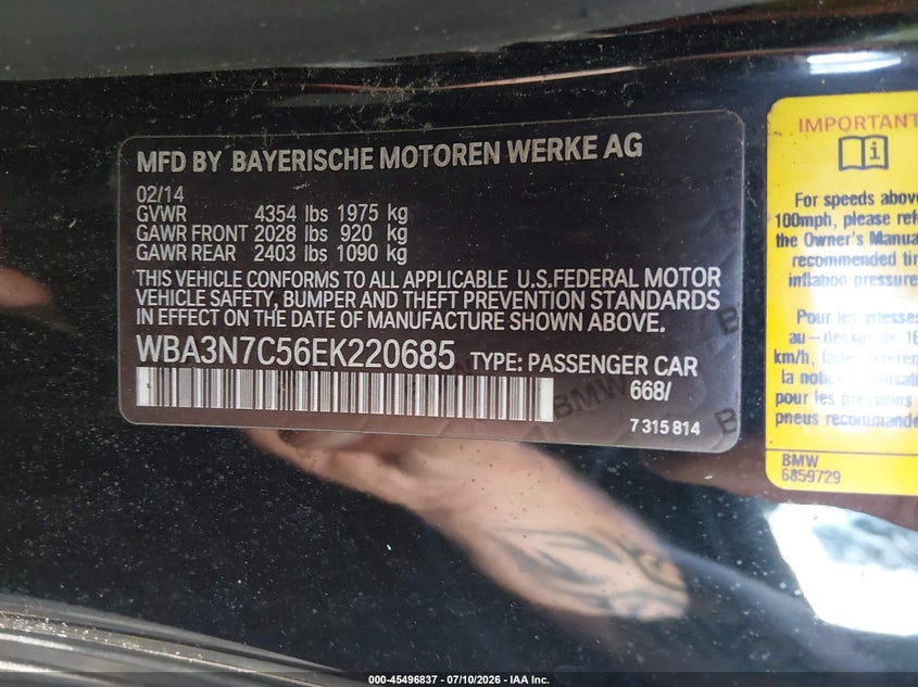 2014 BMW 4er VIN WBA3N7C56EK220685 IAAI salvage auction — NORMAL WEAR, Clear (Virginia), sold $450 on 2026-07-21 (photo 9)