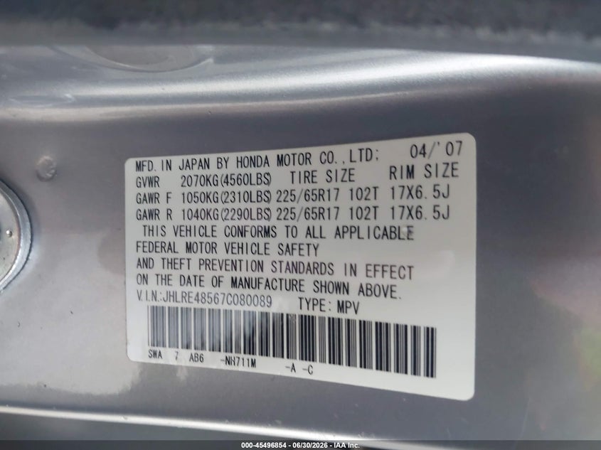 2007 Honda Cr-v VIN JHLRE48567C080089 IAAI salvage auction — FRONT END, Salvage (California), sold $900 on 2026-07-09 (photo 9)