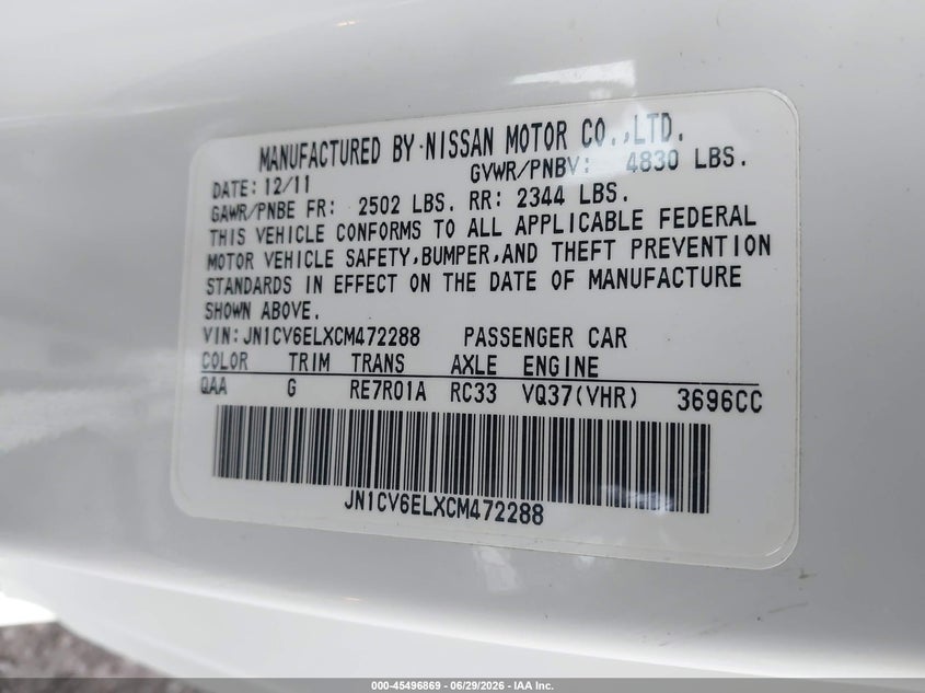2012 Infiniti G VIN JN1CV6ELXCM472288 IAAI salvage auction — FRONT END, Bill Of Sale (Washington), sold $1,950 on 2026-07-16 (photo 9)