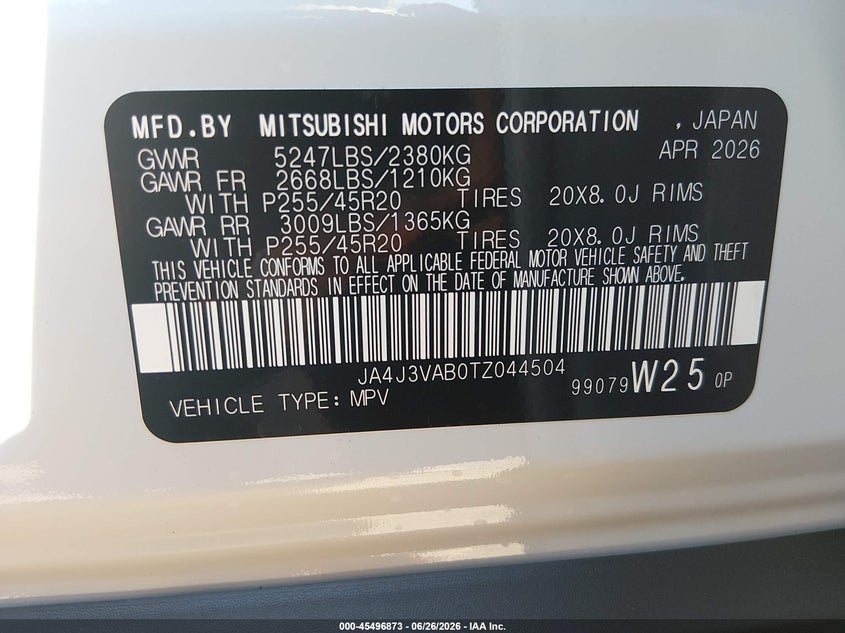 2026 Mitsubishi Outlander VIN JA4J3VAB0TZ044504 IAAI salvage auction — FRONT END, Enterprise Vehicles Salvage (Arizona), sold $8,000 on 2026-07-20 (photo 9)