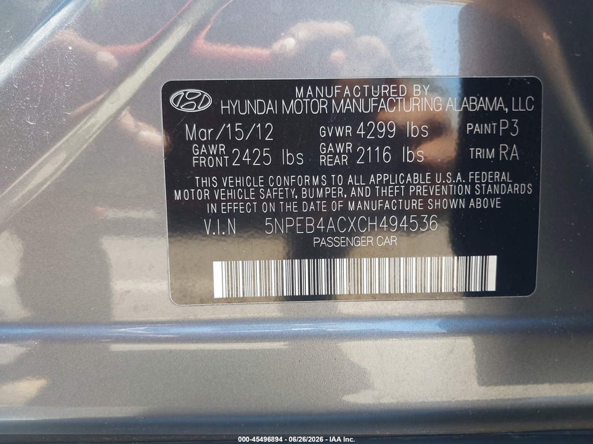 2012 Hyundai Sonata VIN 5NPEB4ACXCH494536 IAAI salvage auction — RIGHT FRONT, Salvage (Arizona), sold $525 on 2026-07-21 (photo 9)