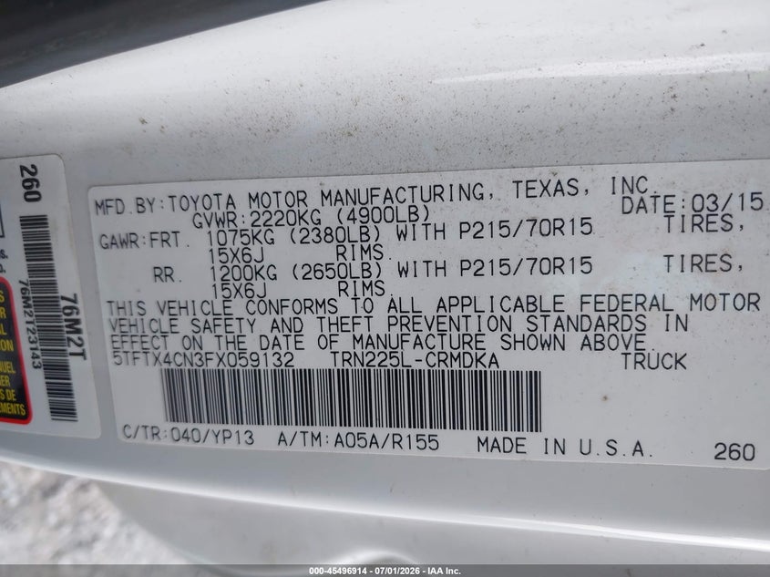 2015 Toyota Tacoma VIN 5TFTX4CN3FX059132 IAAI salvage auction — FRONT END, Mv-907A (New York), sold $50 on 2026-07-21 (photo 9)