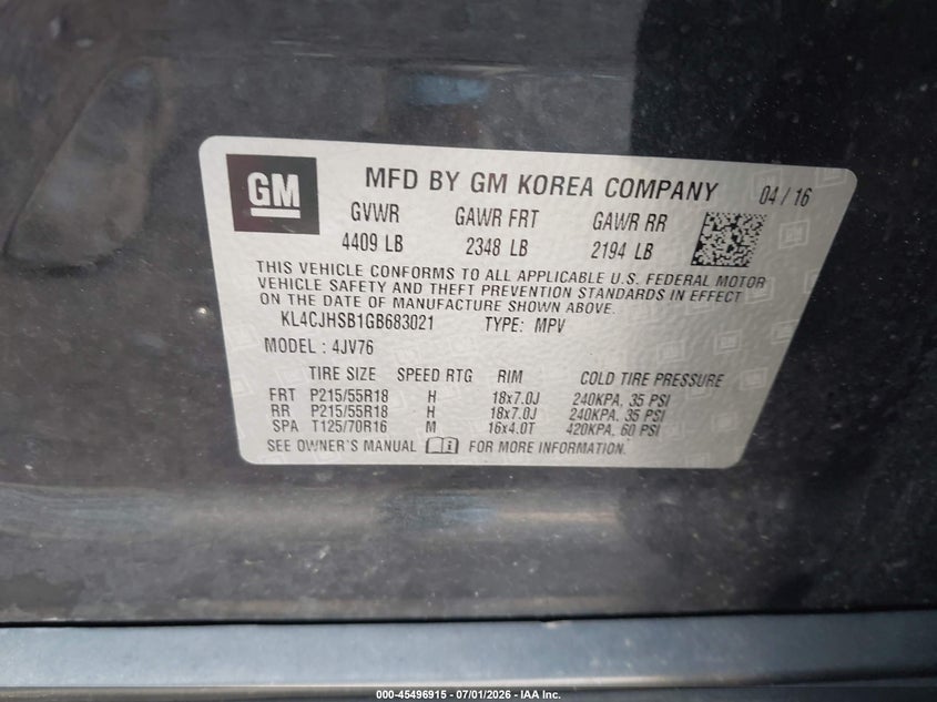 2016 Buick Encore VIN KL4CJHSB1GB683021 IAAI salvage auction — FRONT END, Mv-907A (New York), sold $1,050 on 2026-07-23 (photo 9)