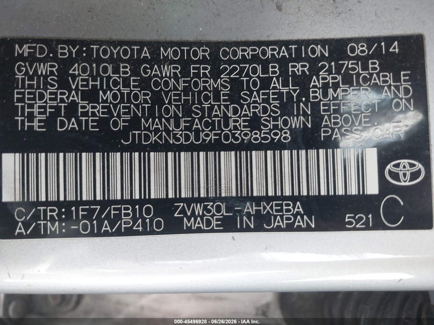 2015 Toyota Prius VIN JTDKN3DU9F0398598 IAAI salvage auction — LEFT FRONT, Salvage (California), sold $2,275 on 2026-07-13 (photo 9)