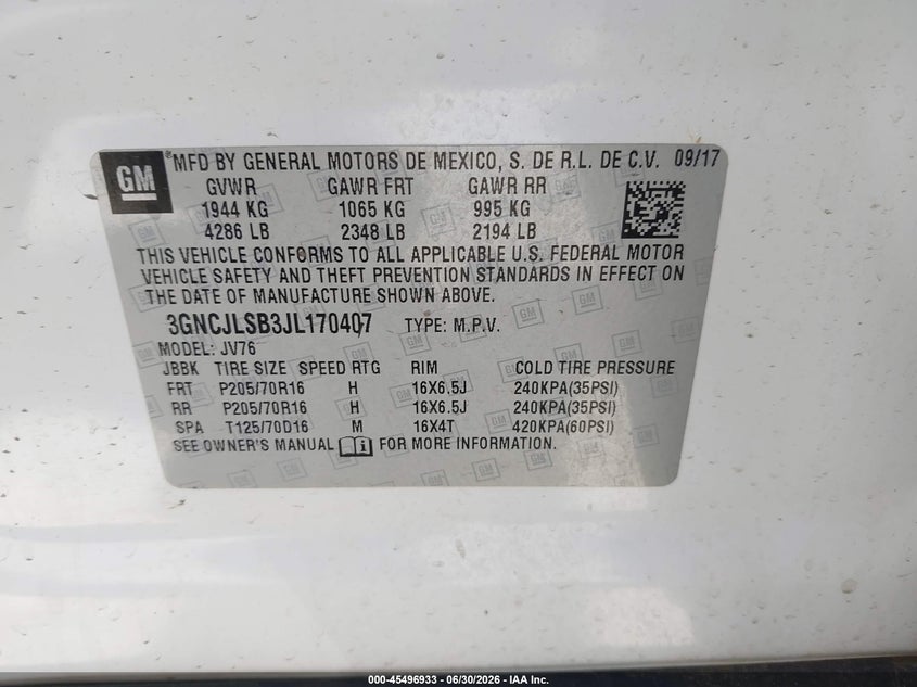 2018 Chevrolet Trax VIN 3GNCJLSB3JL170407 IAAI salvage auction — LEFT FRONT, Wait Title, sold $1,900 on 2026-08-24 (photo 9)