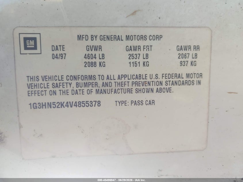 1997 Oldsmobile .88 VIN 1G3HN52K4V4855378 IAAI salvage auction — MECHANICAL, Clear (Florida), sold $25 on 2026-07-08 (photo 9)