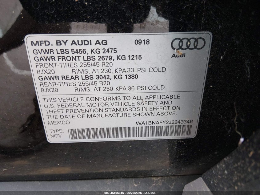 2018 Audi Q5 VIN WA1BNAFY3J2243346 IAAI salvage auction — FRONT END, Clear (Tennessee), sold $25 on 2026-07-31 (photo 9)