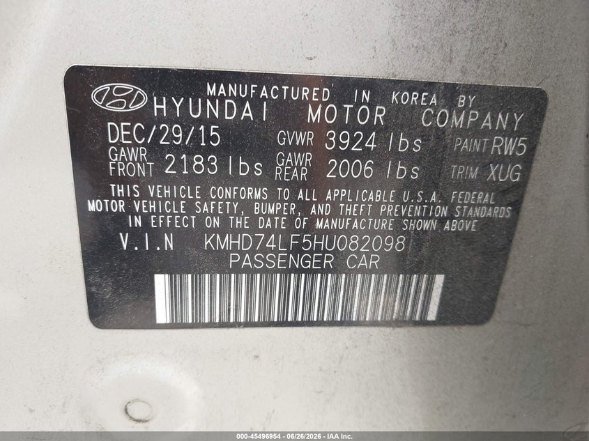 2017 Hyundai Elantra VIN KMHD74LF5HU082098 IAAI salvage auction — NORMAL WEAR, Clear (North Carolina), sold $925 on 2026-07-23 (photo 9)