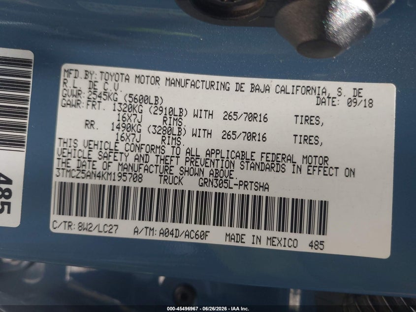2019 Toyota Tacoma VIN 3TMCZ5AN4KM195708 IAAI salvage auction — RIGHT FRONT, Salvage (Arizona), sold $12,700 on 2026-08-01 (photo 9)