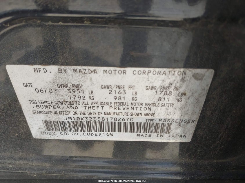 2008 Mazda 3 VIN JM1BK323581782670 IAAI salvage auction — NORMAL WEAR, Clear (Georgia), sold $200 on 2026-07-28 (photo 9)