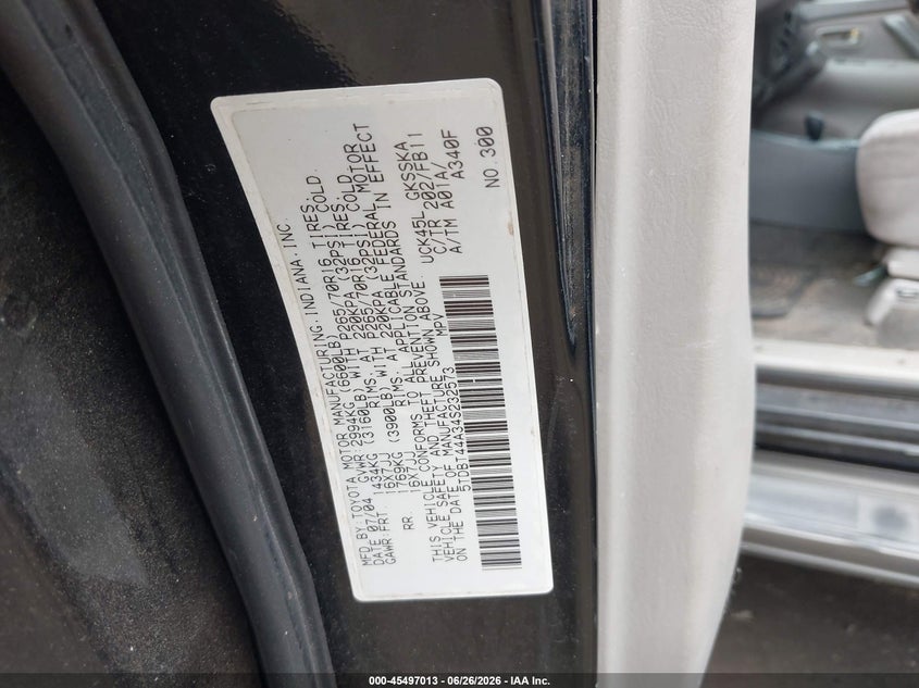 2004 Toyota Sequoia VIN 5TDBT44A34S232573 IAAI salvage auction — NORMAL WEAR, Clear (Pennsylvania), sold $700 on 2026-07-10 (photo 9)