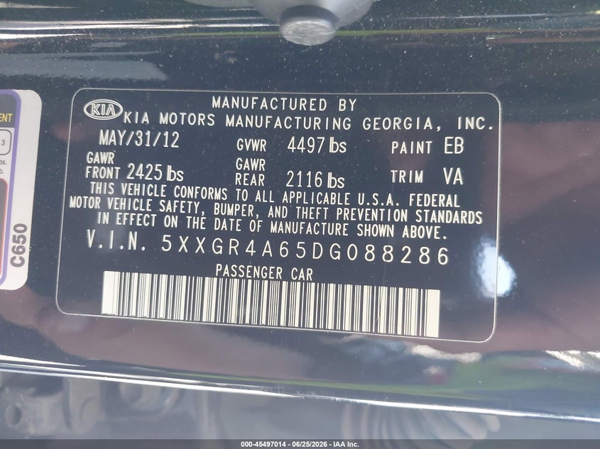 2013 Kia Optima VIN 5XXGR4A65DG088286 IAAI salvage auction — NORMAL WEAR, Clear - Dealer Only (California), sold $650 on 2026-07-08 (photo 9)