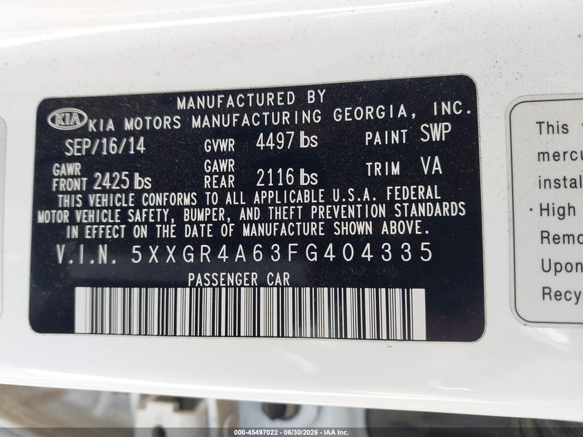 2015 Kia Optima VIN 5XXGR4A63FG404335 IAAI salvage auction — NORMAL WEAR, Original (Texas), sold $1,900 on 2026-07-21 (photo 9)