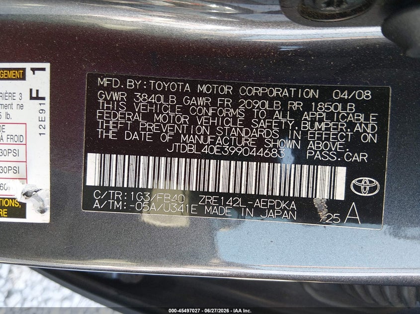 2009 Toyota Corolla VIN JTDBL40E399044683 IAAI salvage auction — FRONT END, Salvage (Alabama), sold $825 on 2026-07-29 (photo 9)