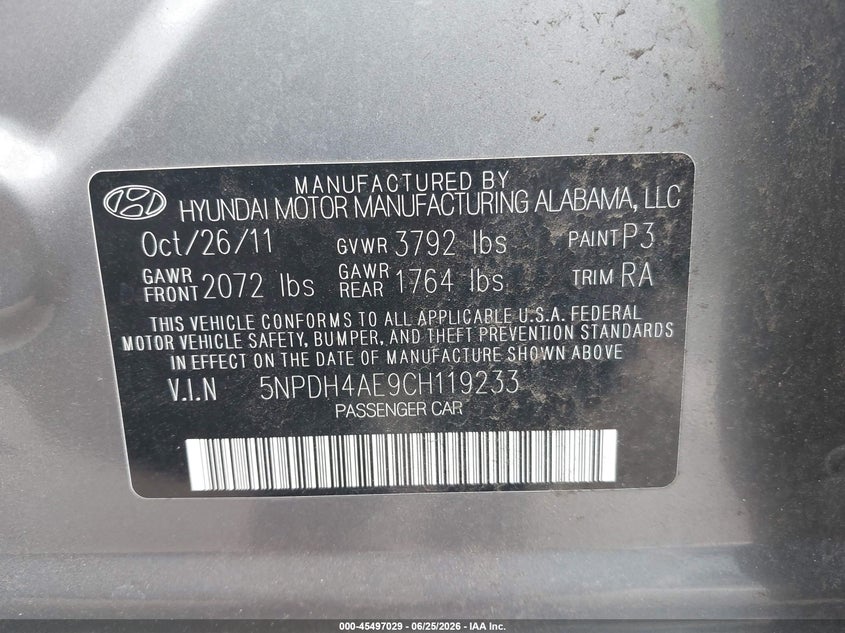 2012 Hyundai Elantra VIN 5NPDH4AE9CH119233 IAAI salvage auction — NORMAL WEAR, Clear (Hawaii), sold $125 on 2026-07-21 (photo 9)
