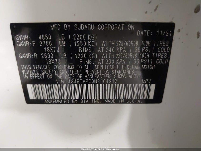 2022 Subaru Outback VIN 4S4BTAPC0N3164212 IAAI salvage auction — FRONT & REAR, Salvage Title, sold $6,100 on 2026-08-03 (photo 9)