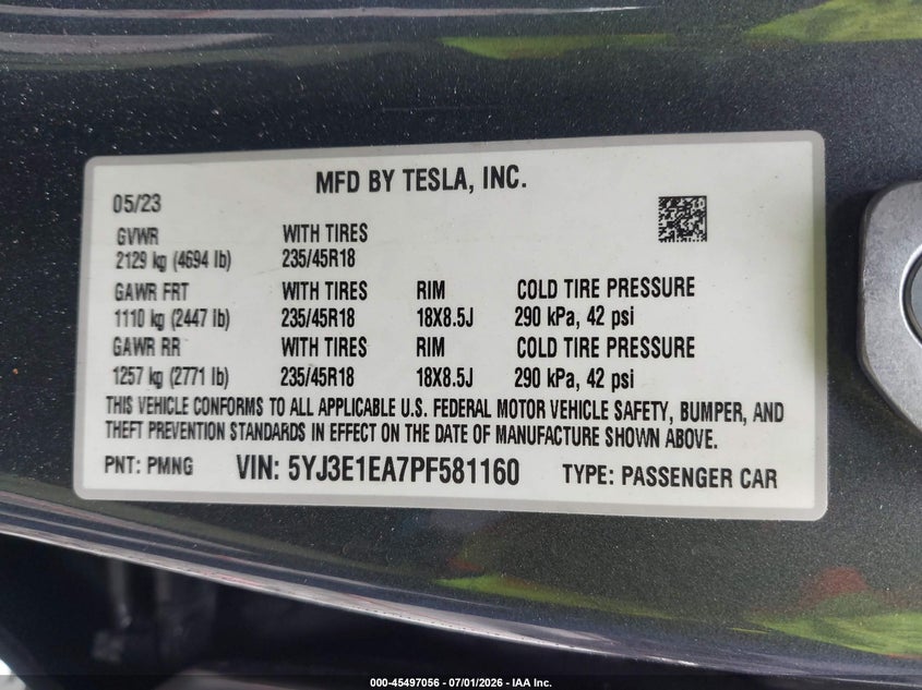 2023 Tesla Model 3 VIN 5YJ3E1EA7PF581160 IAAI salvage auction — REAR END, Bill Of Sale (Washington), sold $5,200 on 2026-07-22 (photo 9)