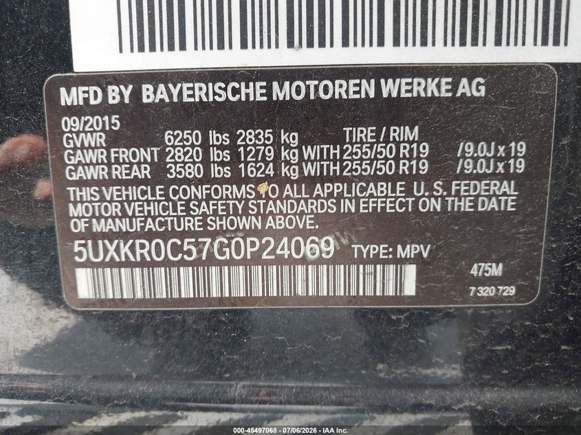2016 BMW X5 VIN 5UXKR0C57G0P24069 IAAI salvage auction — RIGHT SIDE, Salvage (North Carolina), sold $4,650 on 2026-07-28 (photo 9)
