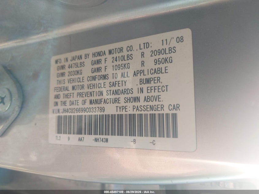 2009 Acura Tsx VIN JH4CU26699C033789 IAAI salvage auction — NORMAL WEAR, Clear (New York), sold $450 on 2026-07-28 (photo 9)