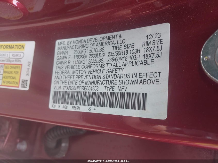 2024 Honda Cr-v VIN 7FARS6H83RE054958 IAAI salvage auction — REAR END, Salvage Title, sold $13,750 on 2026-07-28 (photo 9)