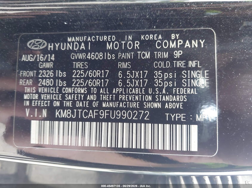 2015 Hyundai Tucson VIN KM8JTCAF9FU990272 IAAI salvage auction — LEFT FRONT, Salvage (Pennsylvania), sold $2,300 on 2026-07-21 (photo 9)
