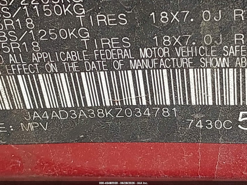 2019 Mitsubishi Outlander VIN JA4AD3A38KZ034781 IAAI salvage auction — FRONT & REAR, Salvage Title, sold $925 on 2026-07-24 (photo 9)
