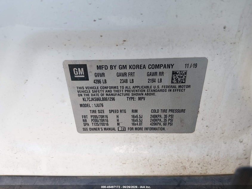 2020 Chevrolet Trax VIN KL7CJKSB6LB061296 IAAI salvage auction — FRONT END, Salvage (Arizona), sold $25 on 2026-07-30 (photo 9)