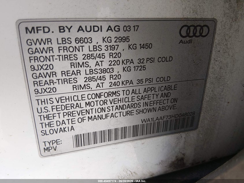 2017 Audi Q7 VIN WA1LAAF73HD048028 IAAI salvage auction — NORMAL WEAR, Clear (Georgia), sold $4,100 on 2026-07-09 (photo 9)