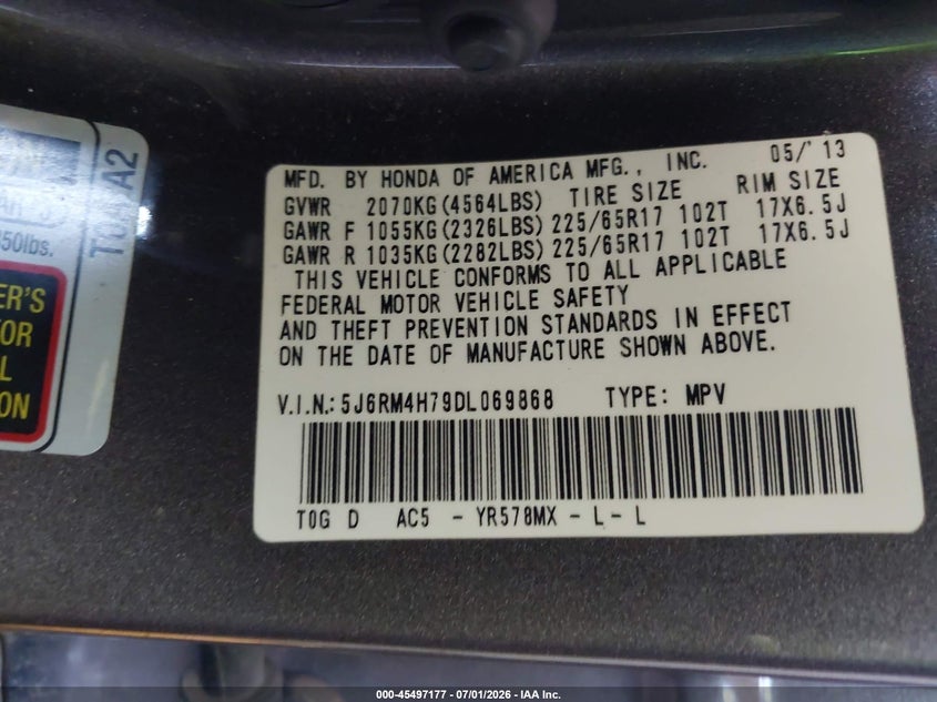 2013 Honda Cr-v VIN 5J6RM4H79DL069868 IAAI salvage auction — FRONT END, Clear (Virginia), sold $2,450 on 2026-07-19 (photo 9)