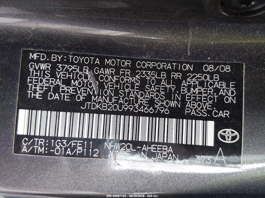 2009 Toyota Prius VIN JTDKB20U993466796 IAAI salvage auction — NORMAL WEAR, Clear-Dealer Only (North Carolina), sold $550 on 2026-07-29 (photo 9)