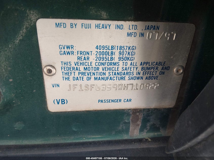 1998 Subaru Forester VIN JF1SF6359WH710922 IAAI salvage auction — NORMAL WEAR, Regular (Nevada), sold $25 on 2026-07-17 (photo 9)