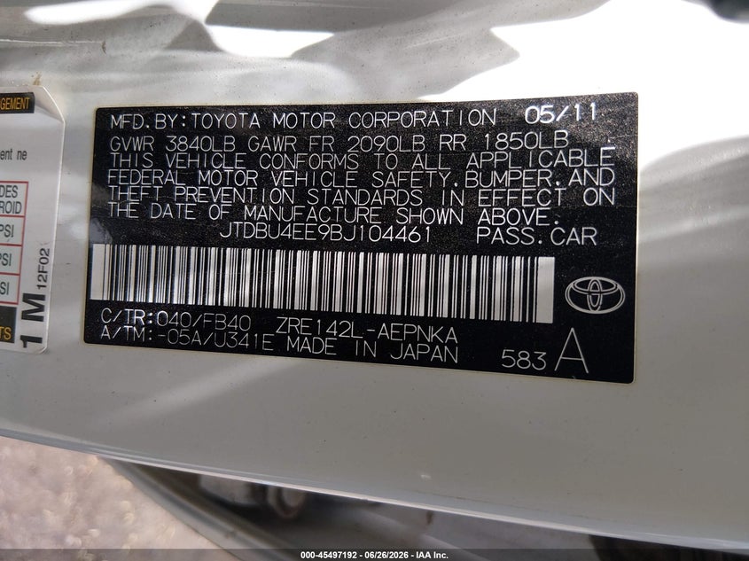 2011 Toyota Corolla VIN JTDBU4EE9BJ104461 IAAI salvage auction — SIDE, Salvage (Arizona), sold $2,000 on 2026-07-30 (photo 9)