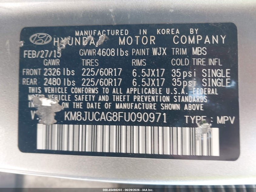 2015 Hyundai Tucson VIN KM8JUCAG8FU090971 IAAI salvage auction — NORMAL WEAR, Clear (Massachusetts), sold $950 on 2026-07-24 (photo 9)