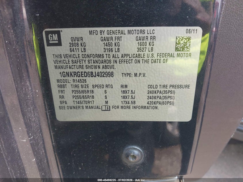 2011 Chevrolet Traverse VIN 1GNKRGED6BJ402998 IAAI salvage auction — NORMAL WEAR, Clear (Mississippi), sold $250 on 2026-07-18 (photo 9)