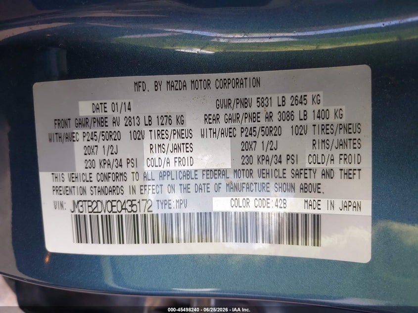 2014 Mazda Cx-9 VIN JM3TB2DV0E0435172 IAAI salvage auction — NORMAL WEAR, Clear (Hawaii), sold $775 on 2026-07-28 (photo 9)