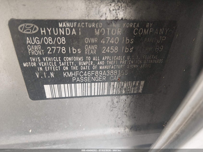 2009 Hyundai Azera VIN KMHFC46F89A388165 IAAI salvage auction — NORMAL WEAR, Original (Texas), sold $50 on 2026-07-17 (photo 9)