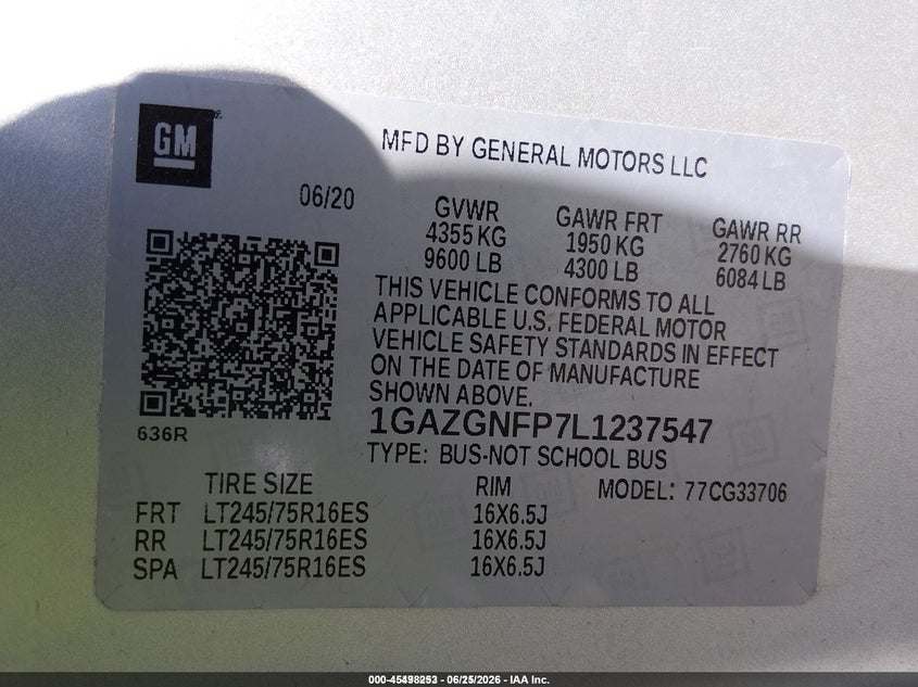 2020 Chevrolet Express 2500 VIN 1GAZGNFP7L1237547 IAAI salvage auction — NORMAL WEAR, Sf97 (Nevada), sold $13,100 on 2026-07-30 (photo 9)