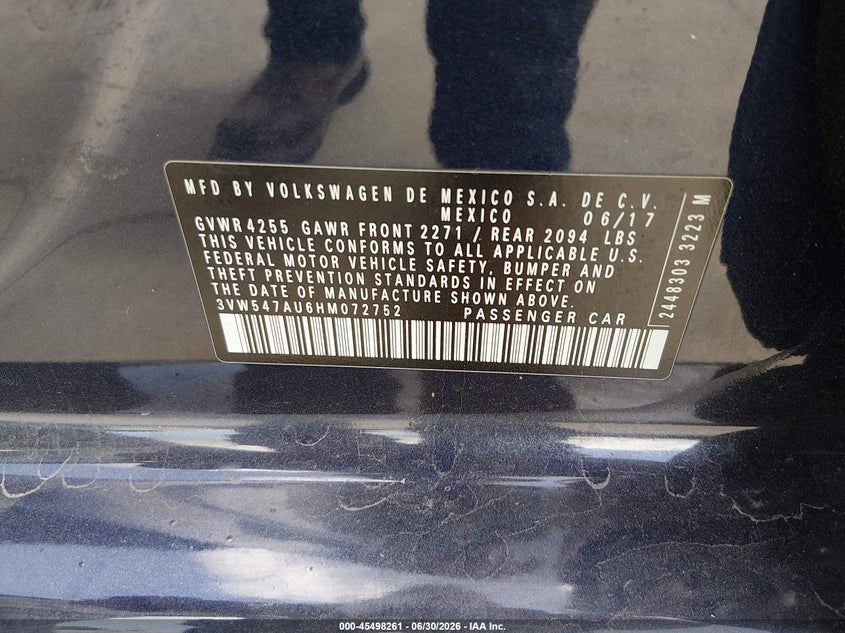 2017 Volkswagen Golf gti VIN 3VW547AU6HM072752 IAAI salvage auction — NORMAL WEAR, Original (Texas), sold $2,225 on 2026-07-10 (photo 9)