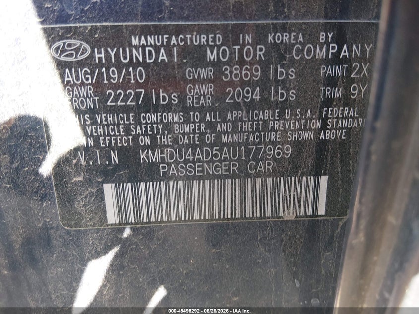 2010 Hyundai Elantra VIN KMHDU4AD5AU177969 IAAI salvage auction — NORMAL WEAR, Restored (Arizona), sold $800 on 2026-07-28 (photo 9)