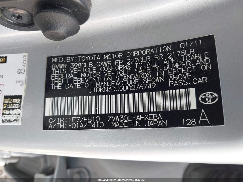 2011 Toyota Prius VIN JTDKN3DU5B0276749 IAAI salvage auction — REAR END, Salvage (California), sold $1,050 on 2026-07-29 (photo 9)
