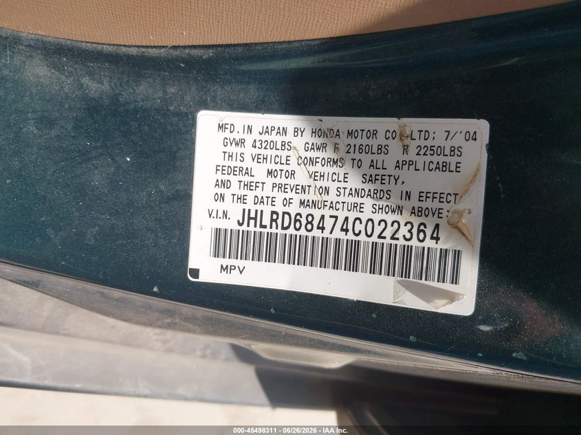 2004 Honda Cr-v VIN JHLRD68474C022364 IAAI salvage auction — NORMAL WEAR, Original (Texas), sold $1,050 on 2026-07-21 (photo 9)