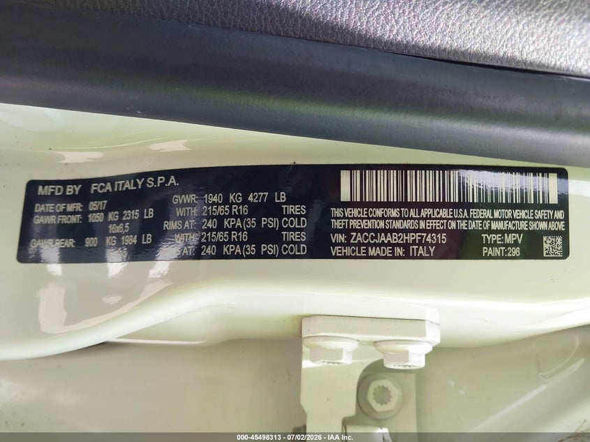 2017 Jeep Renegade VIN ZACCJAAB2HPF74315 IAAI salvage auction — NORMAL WEAR, Original (Texas), sold $2,350 on 2026-07-22 (photo 9)