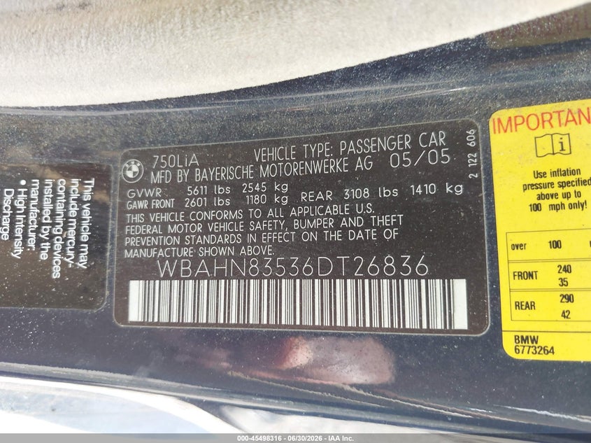 2006 BMW 7 series VIN WBAHN83536DT26836 IAAI salvage auction — UNKNOWN, Parts Only Bos (Maryland), sold $25 on 2026-07-15 (photo 9)